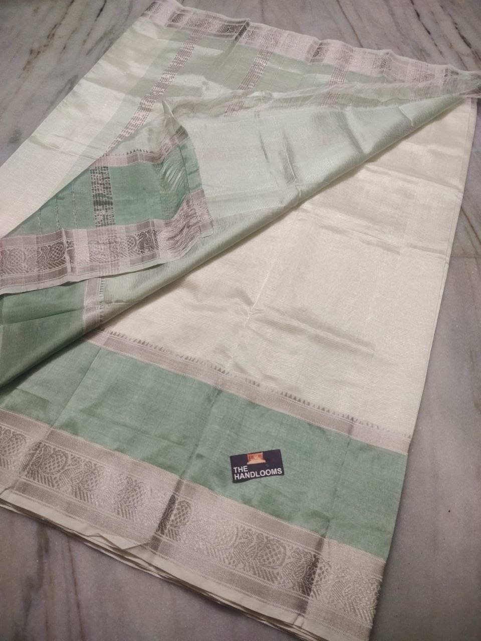 Golden Daffodils Bloom Silver Zari Mangalagiri Pure Handloom Cotton Saree